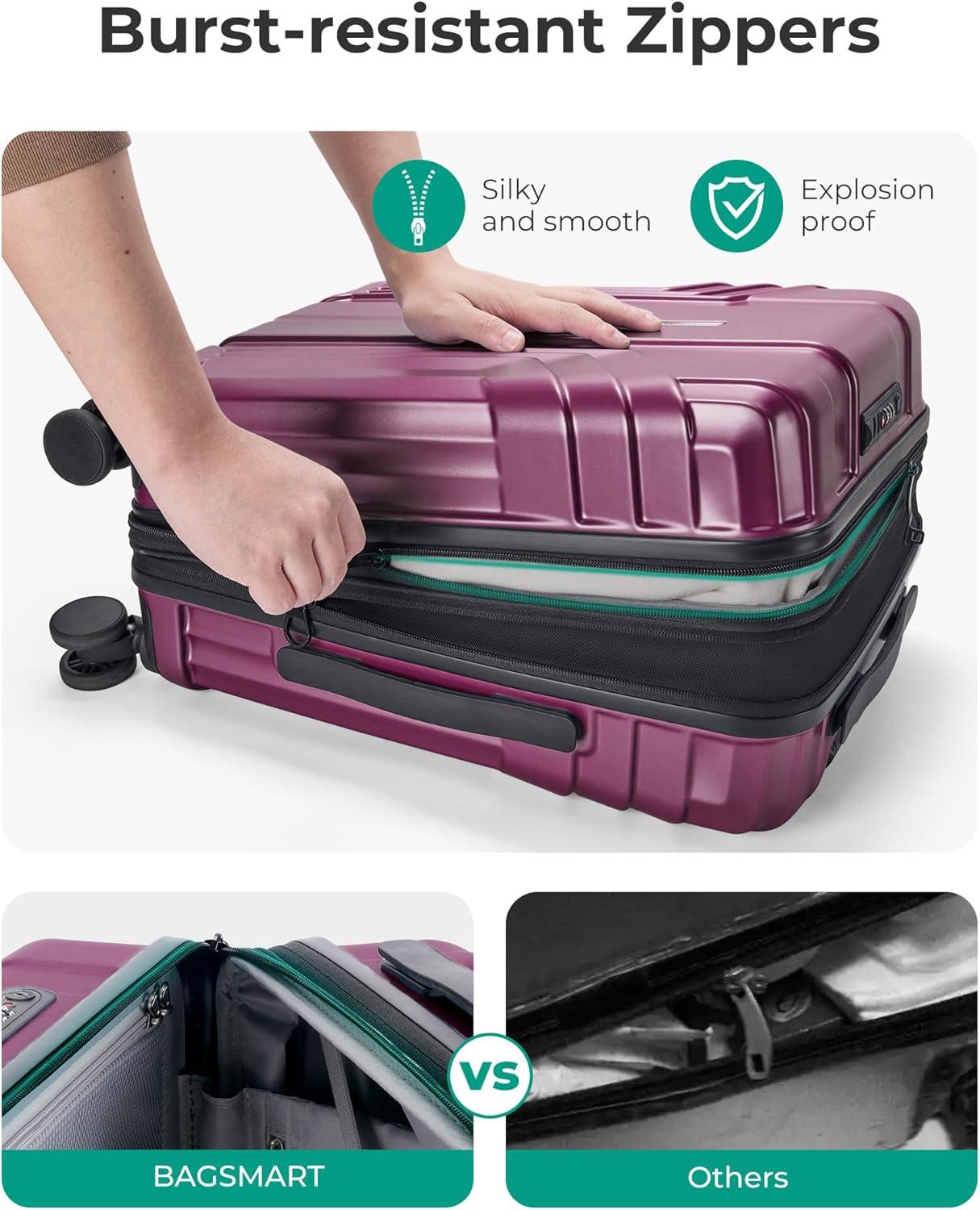 imageBAGSMART Expandable Carry On Luggage 22x14x9 Airline Approved 1OO PC Lightweight Hard Shell Suitcase 20 Inch Travel Luggage with Spinner Wheels Waterproof Rolling SuitcaseBluePurplish Red