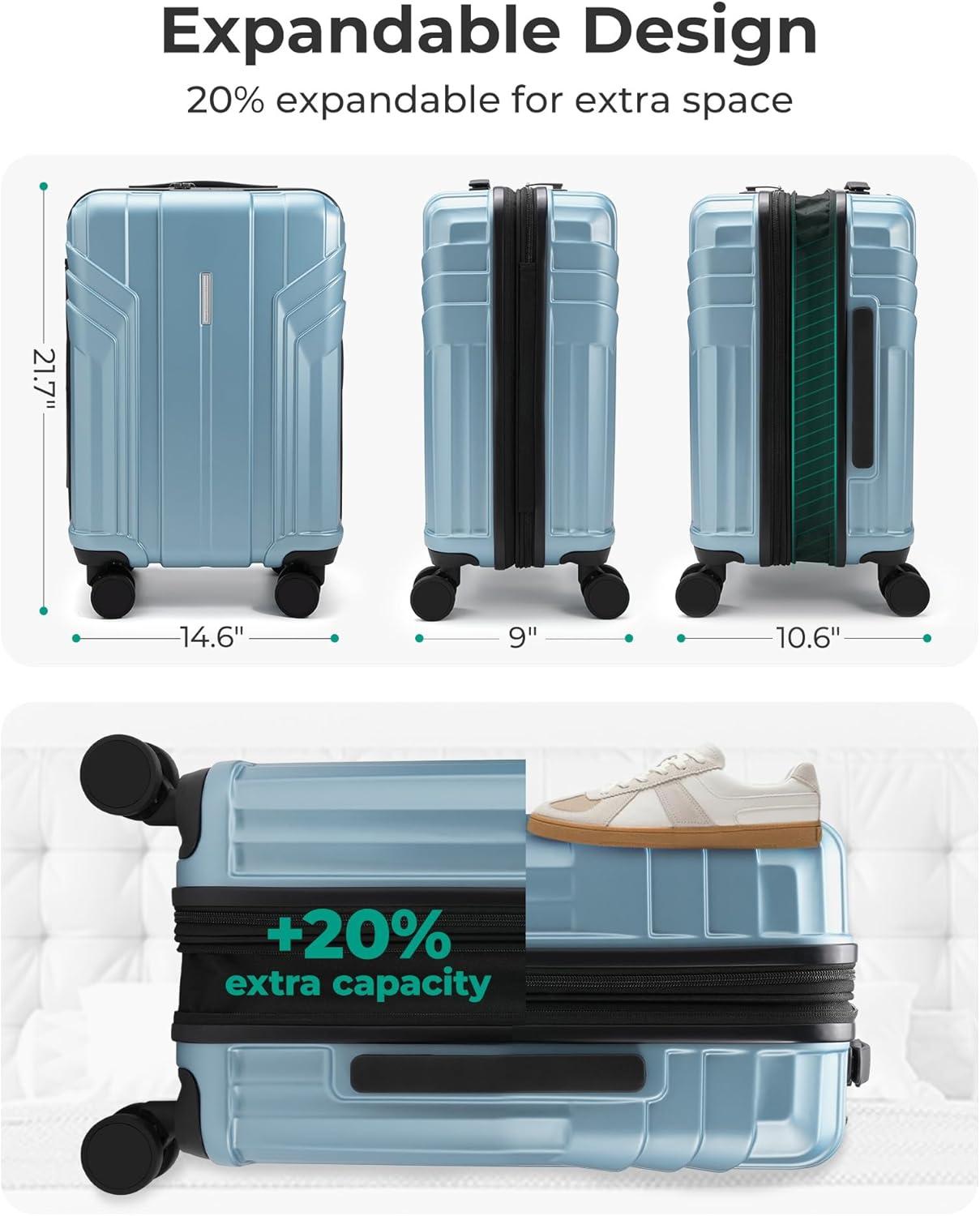imageBAGSMART Expandable Carry On Luggage 22x14x9 Airline Approved 1OO PC Lightweight Hard Shell Suitcase 20 Inch Travel Luggage with Spinner Wheels Waterproof Rolling SuitcaseBlueAiry Blue