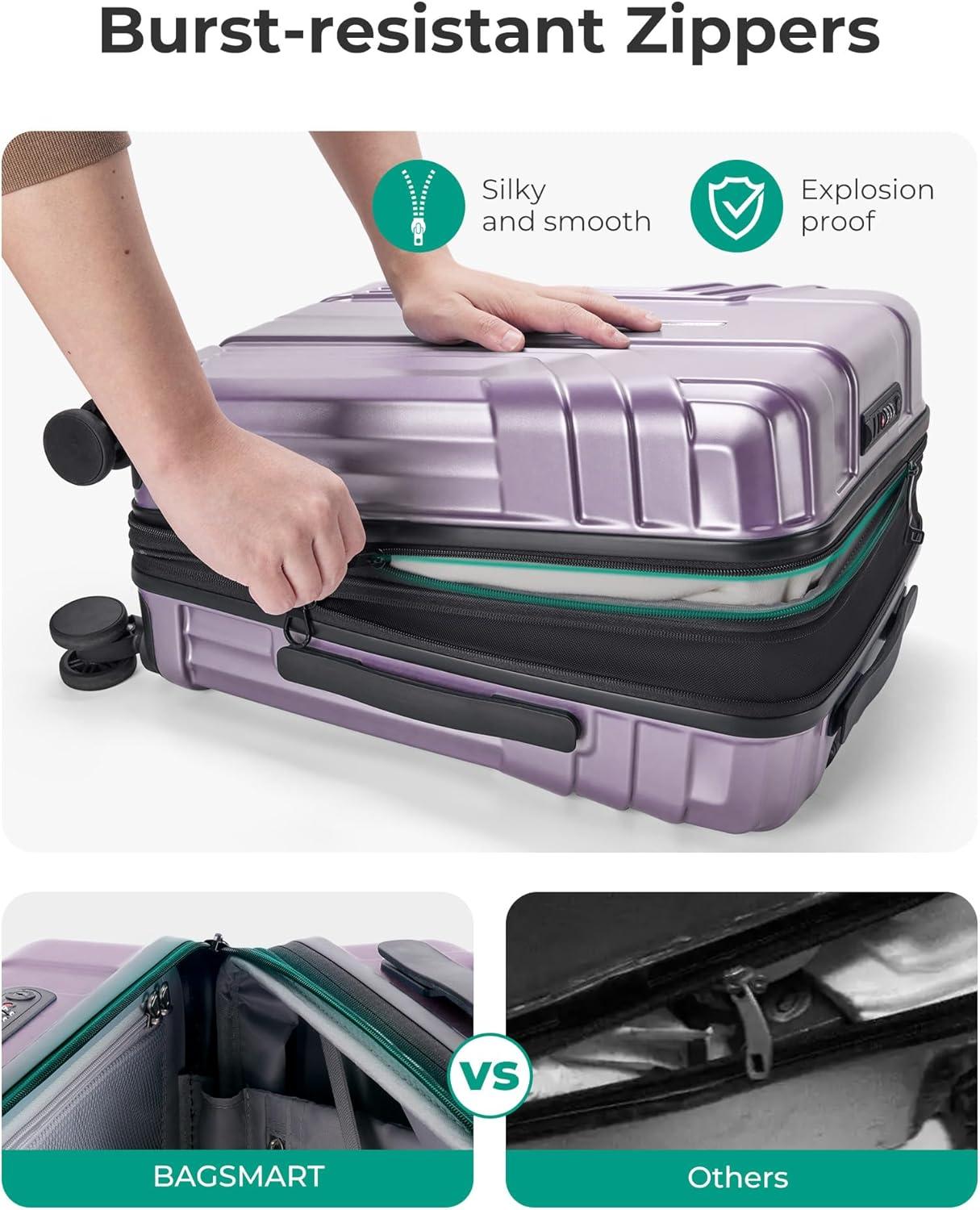 imageBAGSMART Expandable Carry On Luggage 22x14x9 Airline Approved 1OO PC Lightweight Hard Shell Suitcase 20 Inch Travel Luggage with Spinner Wheels Waterproof Rolling SuitcaseBlueLavender Purple