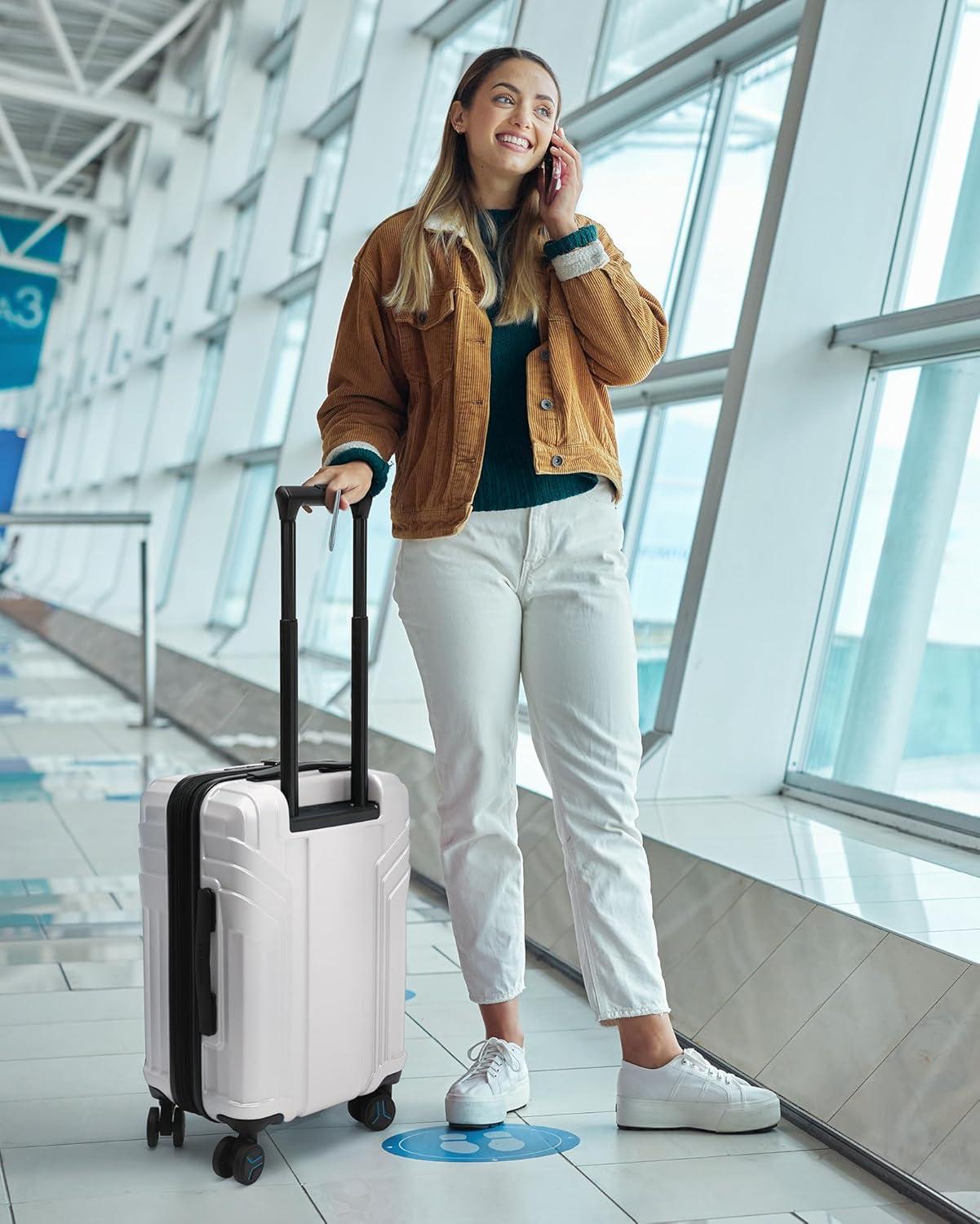 imageBAGSMART Expandable Carry On Luggage 22x14x9 Airline Approved 1OO PC Lightweight Hard Shell Suitcase 20 Inch Travel Luggage with Spinner Wheels Waterproof Rolling SuitcaseBlueBeige