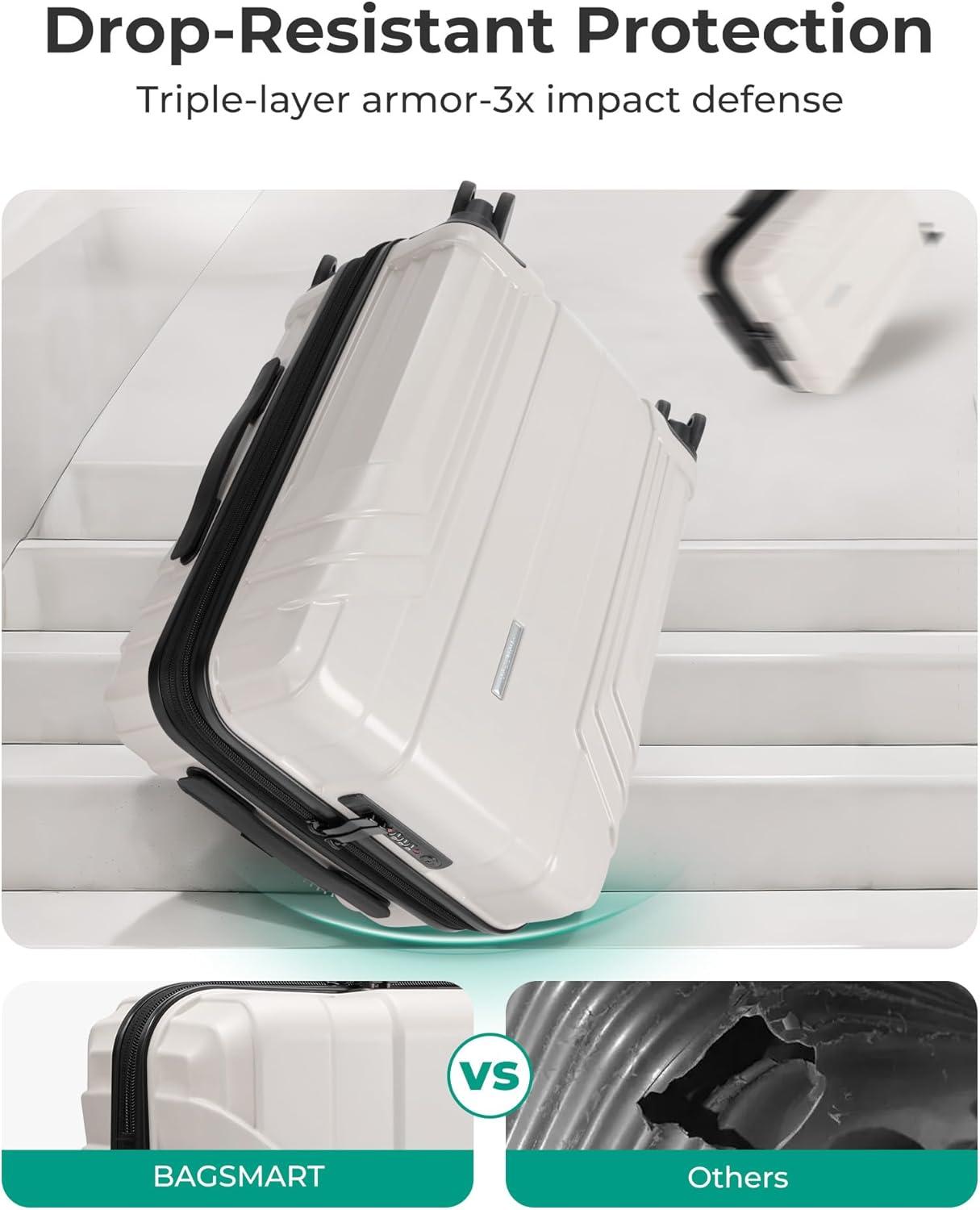 imageBAGSMART Expandable Carry On Luggage 22x14x9 Airline Approved 1OO PC Lightweight Hard Shell Suitcase 20 Inch Travel Luggage with Spinner Wheels Waterproof Rolling SuitcaseBlueBeige