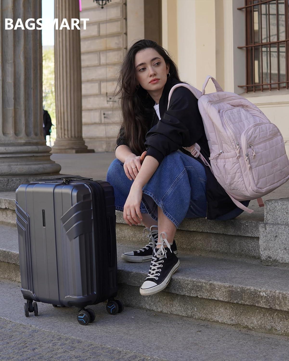 imageBAGSMART Expandable Carry On Luggage 22x14x9 Airline Approved 1OO PC Lightweight Hard Shell Suitcase 20 Inch Travel Luggage with Spinner Wheels Waterproof Rolling SuitcaseBlueSilver Gray