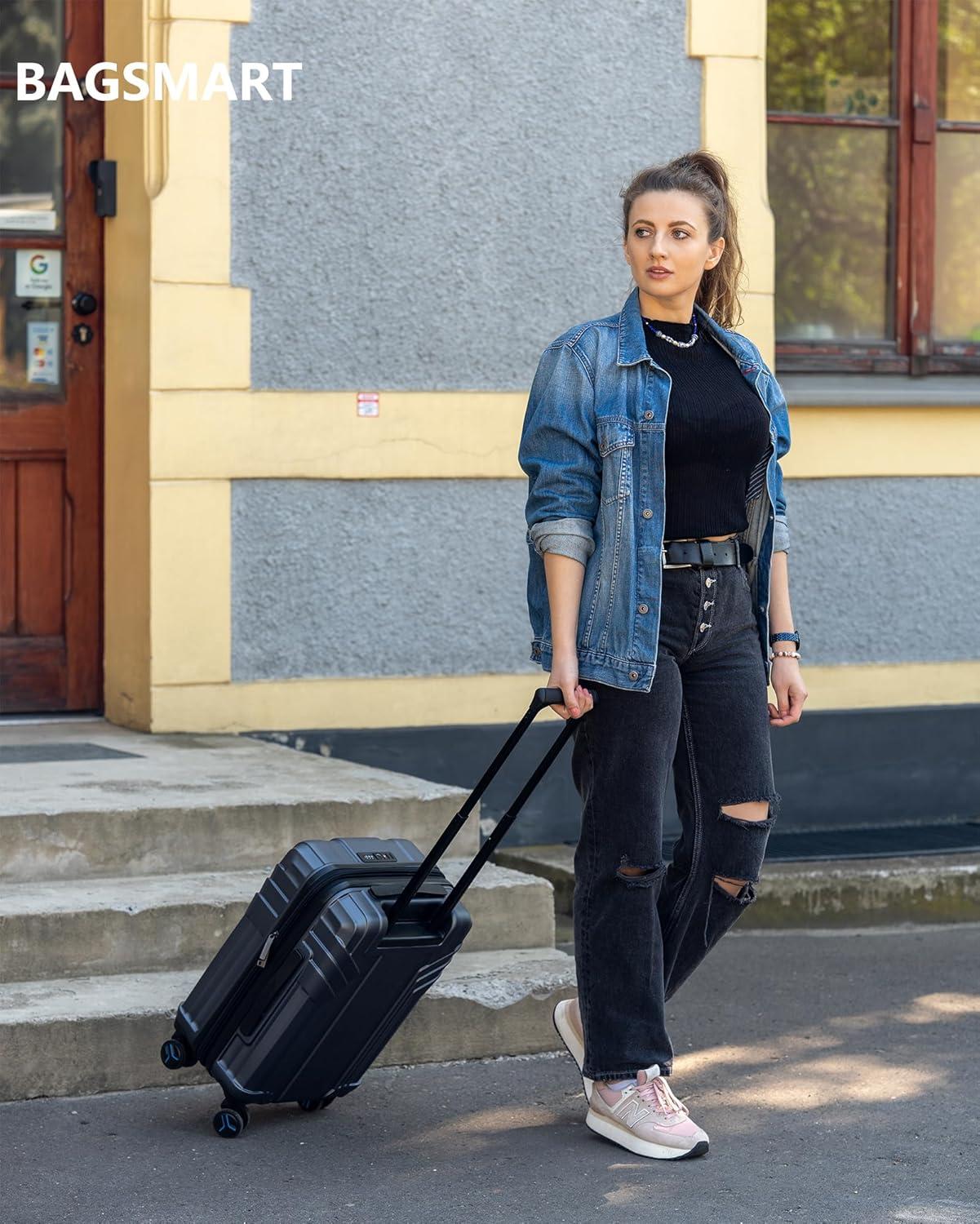 imageBAGSMART Expandable Carry On Luggage 22x14x9 Airline Approved 1OO PC Lightweight Hard Shell Suitcase 20 Inch Travel Luggage with Spinner Wheels Waterproof Rolling SuitcaseBlueSilver Gray