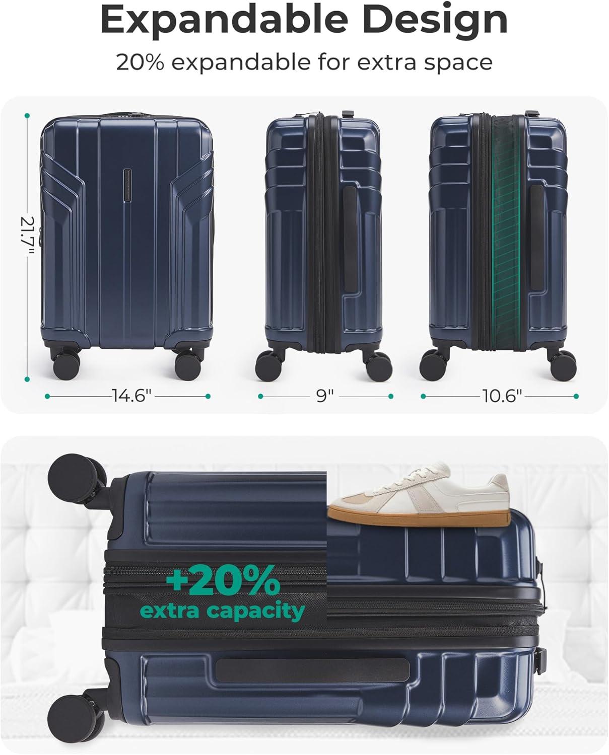 imageBAGSMART Expandable Carry On Luggage 22x14x9 Airline Approved 1OO PC Lightweight Hard Shell Suitcase 20 Inch Travel Luggage with Spinner Wheels Waterproof Rolling SuitcaseBlueDark Blue