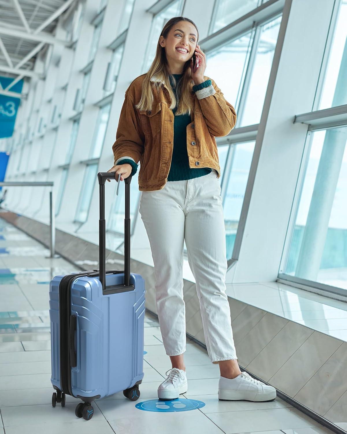 imageBAGSMART Expandable Carry On Luggage 22x14x9 Airline Approved 1OO PC Lightweight Hard Shell Suitcase 20 Inch Travel Luggage with Spinner Wheels Waterproof Rolling SuitcaseBlueBlue