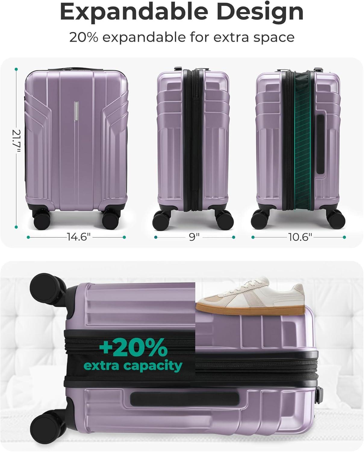 imageBAGSMART Expandable Carry On Luggage 22x14x9 Airline Approved 1OO PC Lightweight Hard Shell Suitcase 20 Inch Travel Luggage with Spinner Wheels Waterproof Rolling SuitcaseBlueLavender Purple