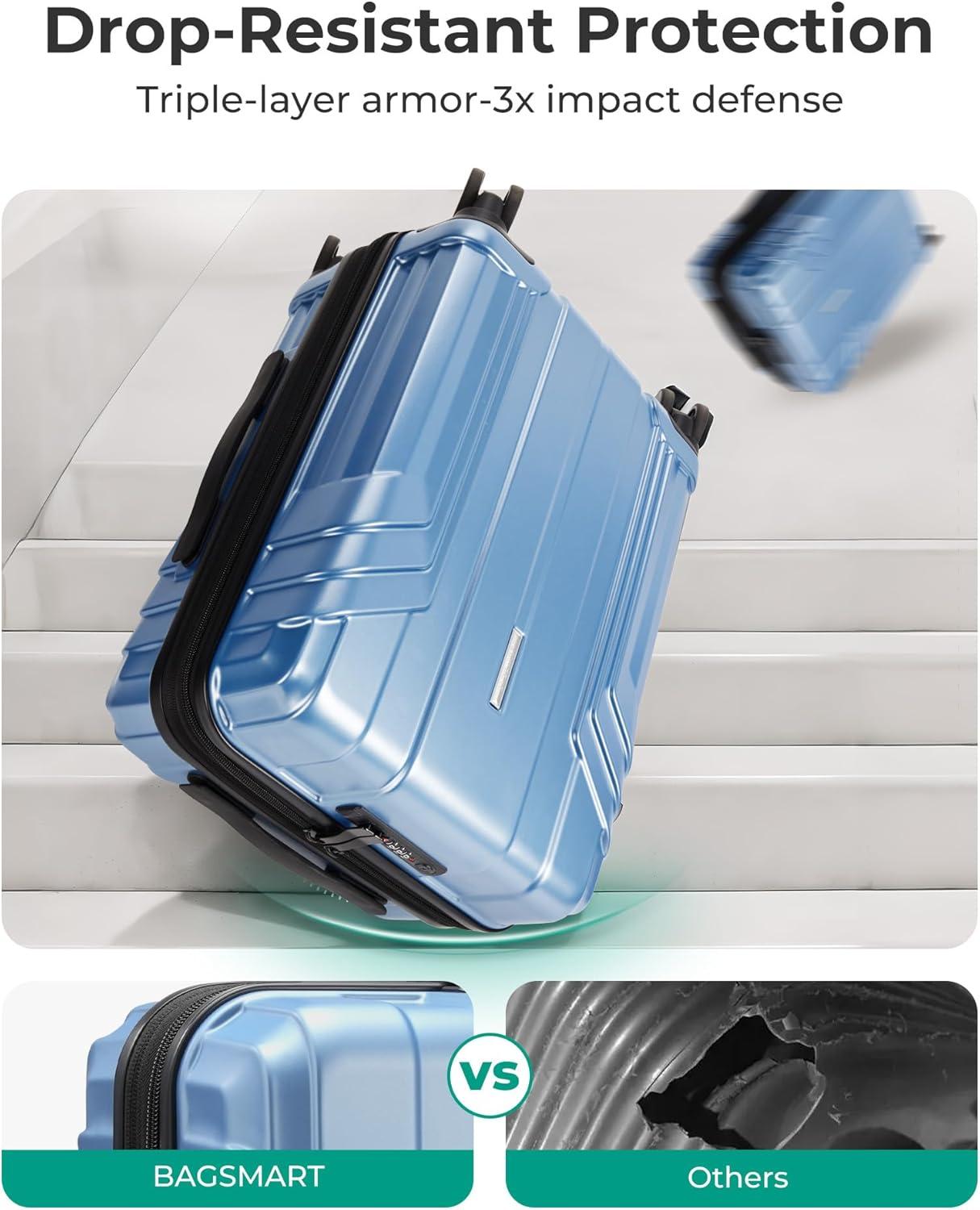 imageBAGSMART Expandable Carry On Luggage 22x14x9 Airline Approved 1OO PC Lightweight Hard Shell Suitcase 20 Inch Travel Luggage with Spinner Wheels Waterproof Rolling SuitcaseBlueBlue