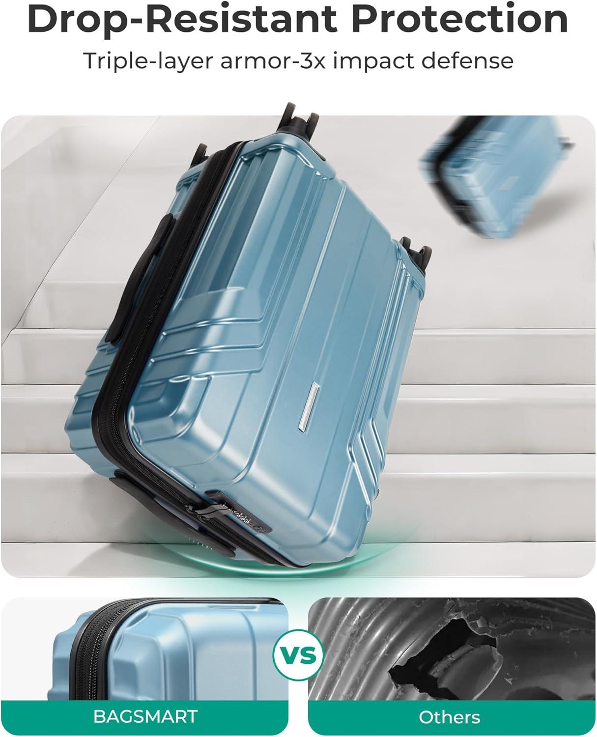 imageBAGSMART Expandable Carry On Luggage 22x14x9 Airline Approved 1OO PC Lightweight Hard Shell Suitcase 20 Inch Travel Luggage with Spinner Wheels Waterproof Rolling SuitcaseBlueAiry Blue