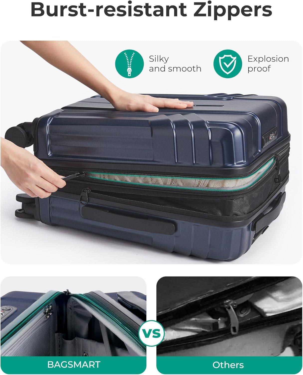 imageBAGSMART Expandable Carry On Luggage 22x14x9 Airline Approved 1OO PC Lightweight Hard Shell Suitcase 20 Inch Travel Luggage with Spinner Wheels Waterproof Rolling SuitcaseBlueDark Blue