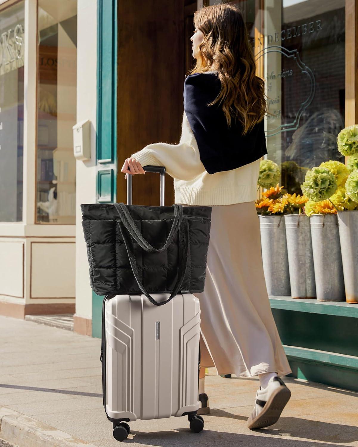 imageBAGSMART Expandable Tote Bag for Women Puffer Work Tote Handbag Quilted Carry On Bag for Travel GymBlack