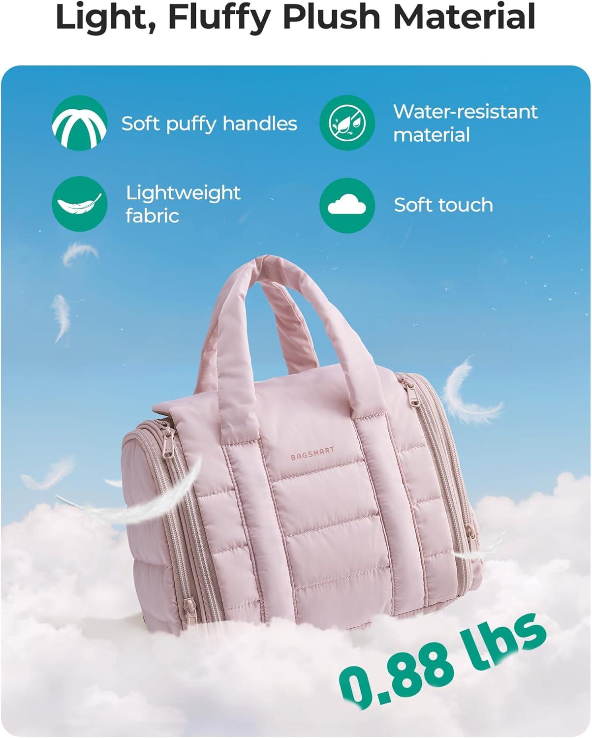 imageBAGSMART Hanging Toiletry Bag with Removable Partition Puffy Waterresistant Fabric Cosmetic Bag Makeup Bag for Full Sized Toiletries Nude PinkCamel