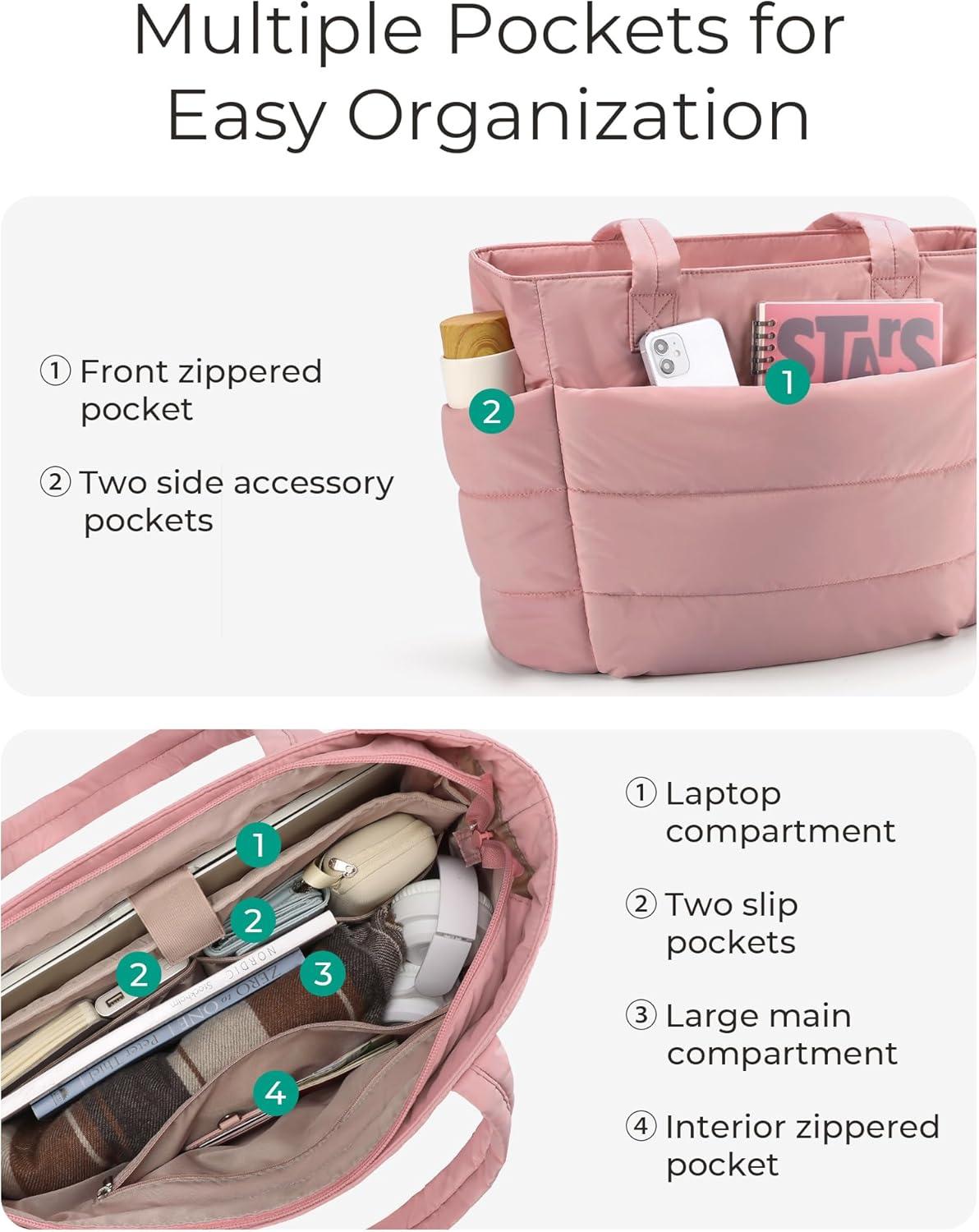 imageBAGSMART Tote Bag for Women Lightweight Puffy Tote Bag with Compartments Shoulder Bag Handbag for Travel Work Gym Lightweight Puffy Tote Bag with Compartments Quilted for Travel WorkDark Pink