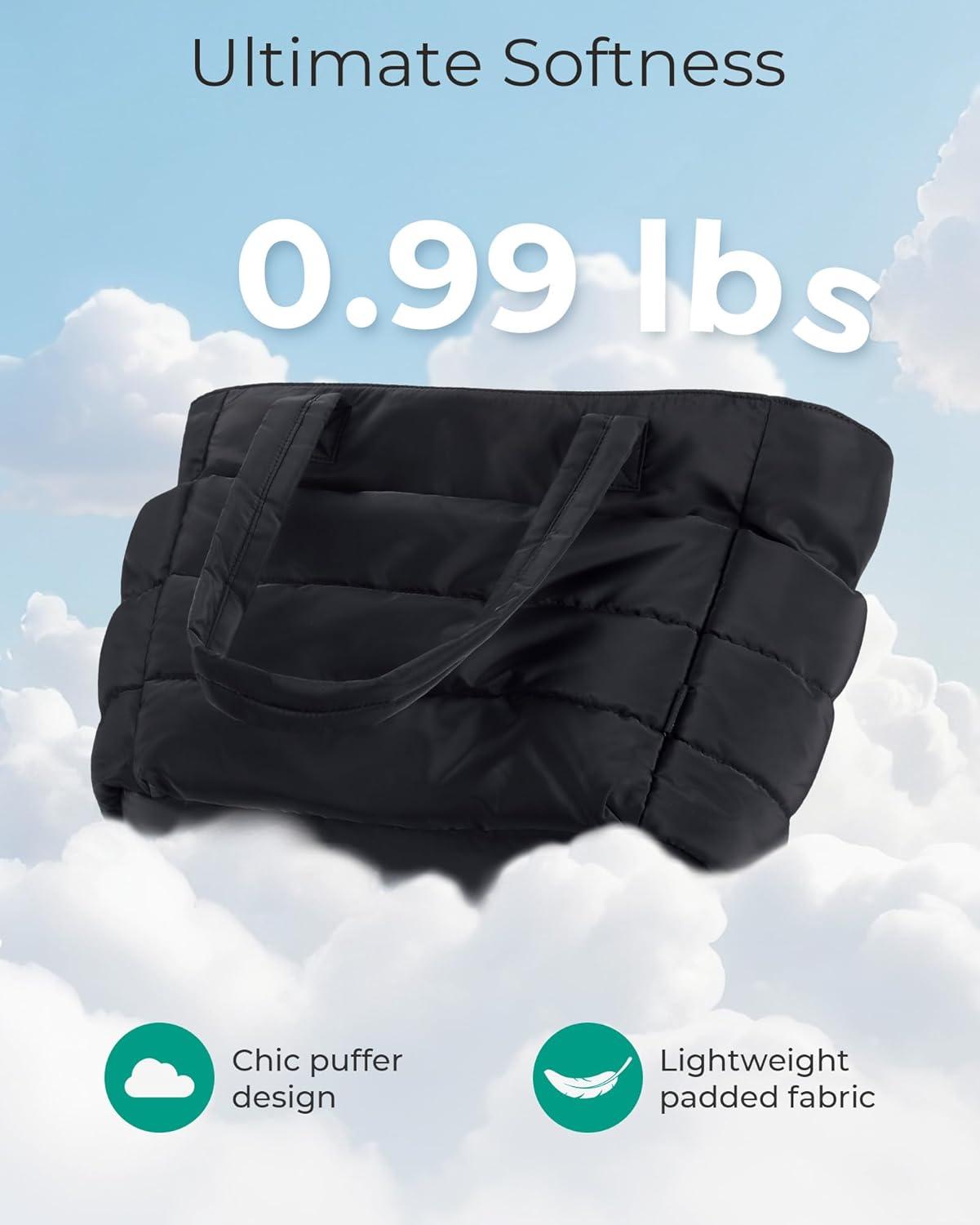 imageBAGSMART Tote Bag for Women Lightweight Puffy Tote Bag with Compartments Shoulder Bag Handbag for Travel Work Gym Lightweight Puffy Tote Bag with Compartments Quilted for Travel WorkBlack