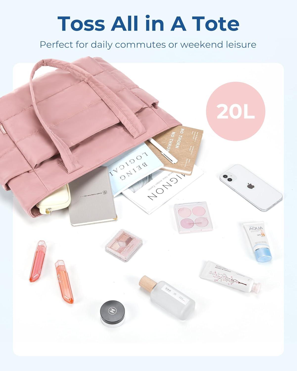 imageBAGSMART Tote Bag for Women Lightweight Puffy Tote Bag with Compartments Shoulder Bag Handbag for Travel Work Gym Lightweight Puffy Tote Bag with Compartments Quilted for Travel WorkDark Pink