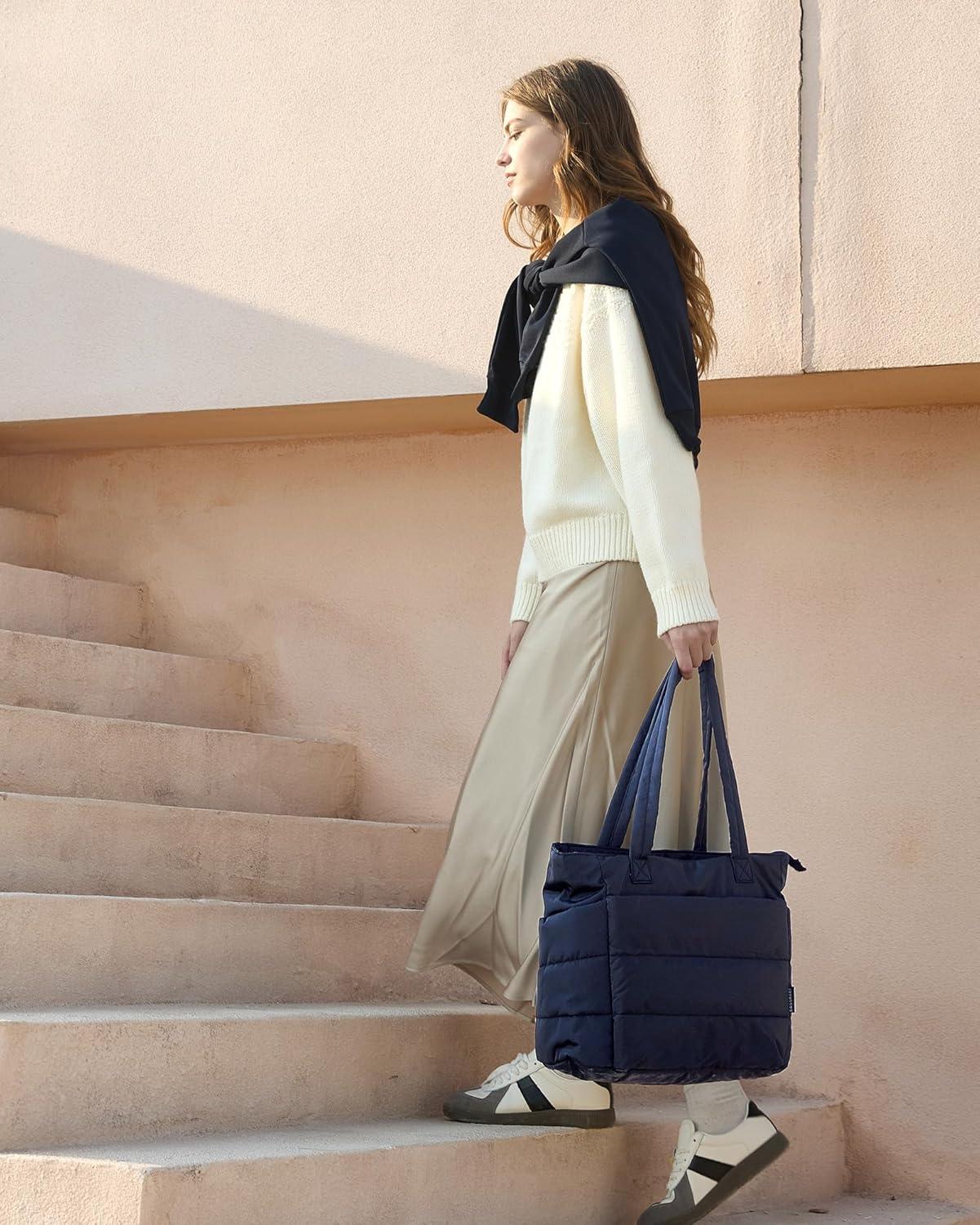 imageBAGSMART Tote Bag for Women Lightweight Puffy Tote Bag with Compartments Shoulder Bag Handbag for Travel Work Gym Lightweight Puffy Tote Bag with Compartments Quilted for Travel WorkNavy Blue