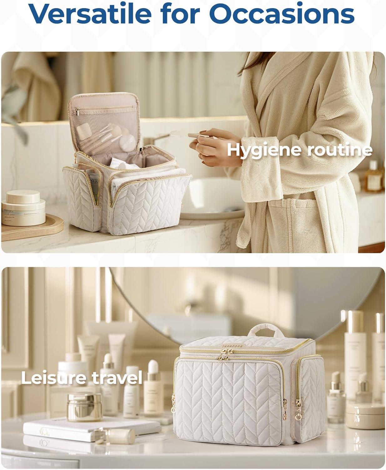 imageBAGSMART Travel Toiletry Bag Large Wideopen Travel Bag for Toiletries Makeup Cosmetic Travel Bag with HandleNavyCamel