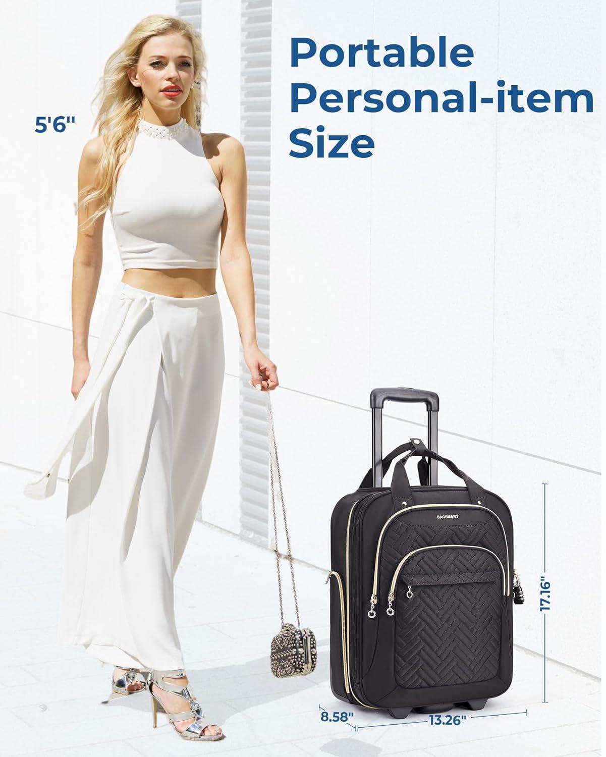 imageBAGSMART Underseat Carry On Luggage Airline approved16inch Small Underseater Softside Travel Suitcase with Wheels Lightweight Overnight Rolling Carryon Luggage for Women Men WeekenderBlackBlack