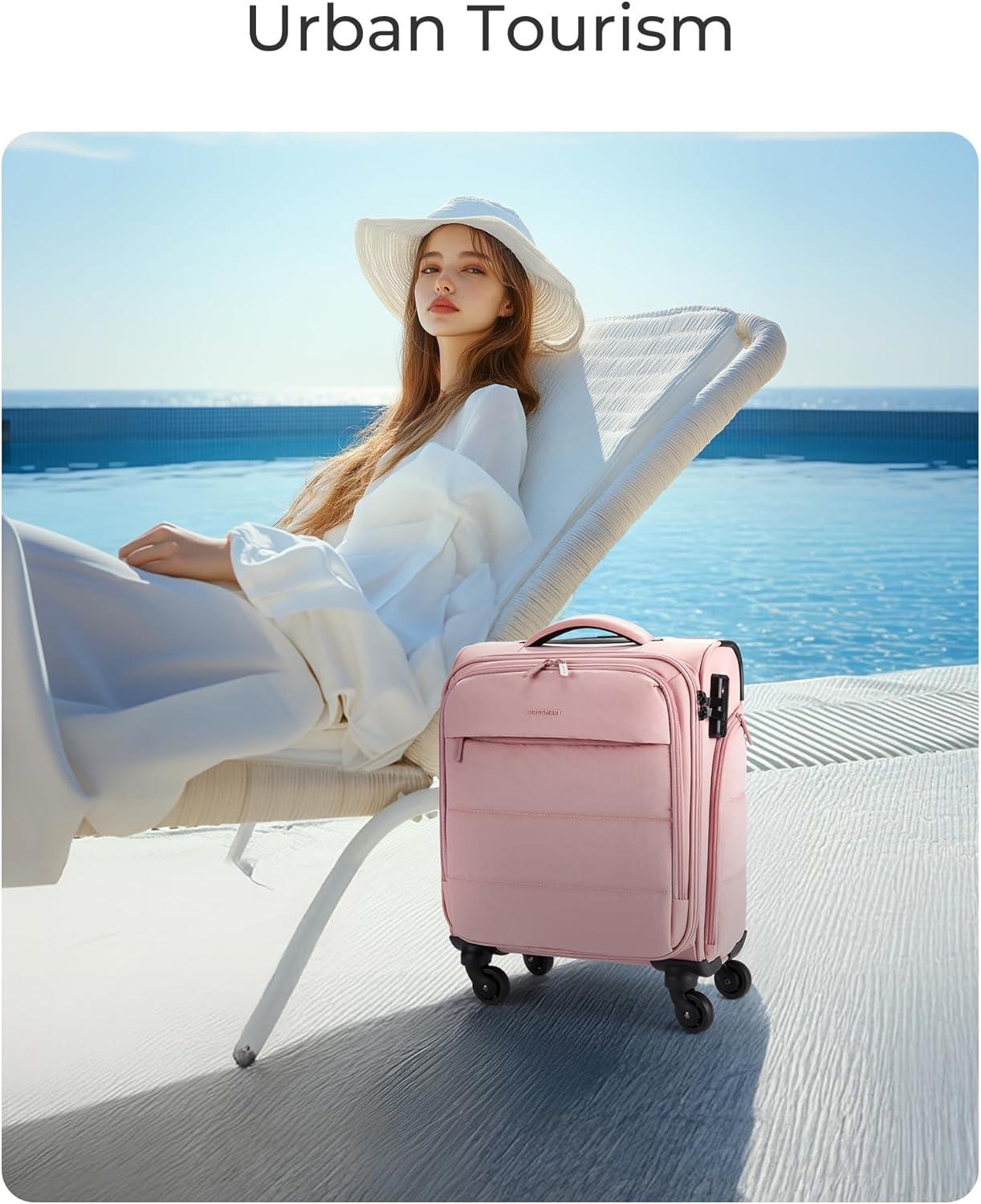 imageBAGSMART Underseat Carry on Luggage with Wheels Soft Underseat Travel Luggage with PVC WetDry Pockets Lightweight Soft Personal Item Suitcase for Short Trip Pinkish PurpleCamel