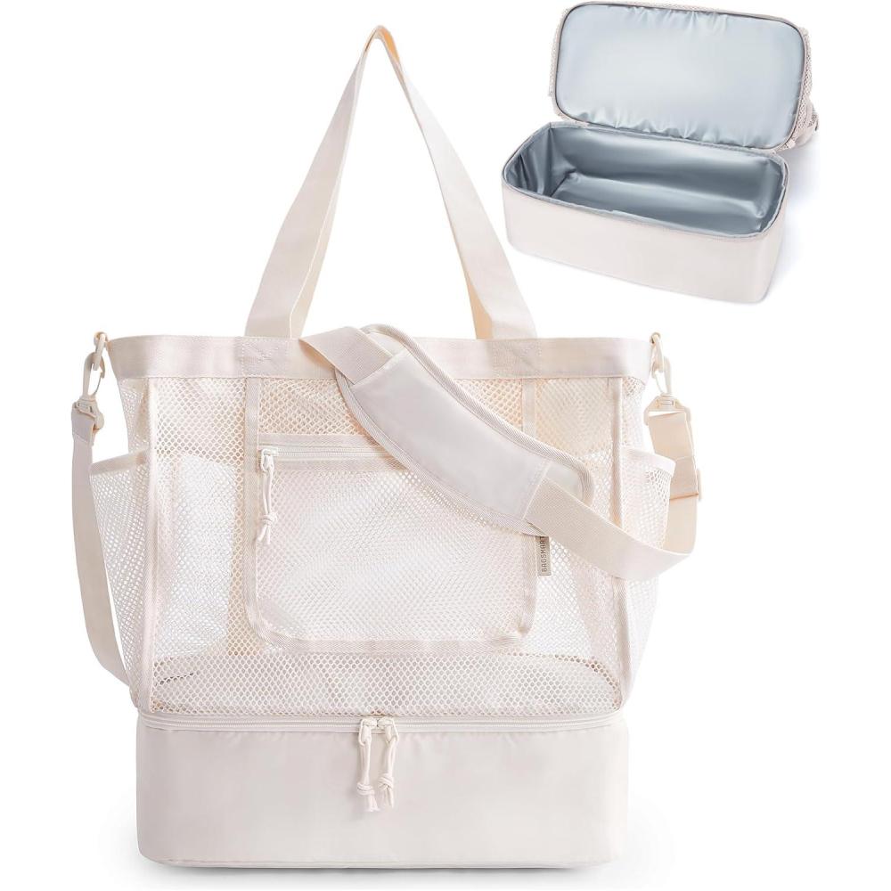 imageBAGSMART Beach Bag for Women Mesh Tote Bags with Zipper Sandproof Vacation Essentials with Cooler for Swim Cruise PoolBeige