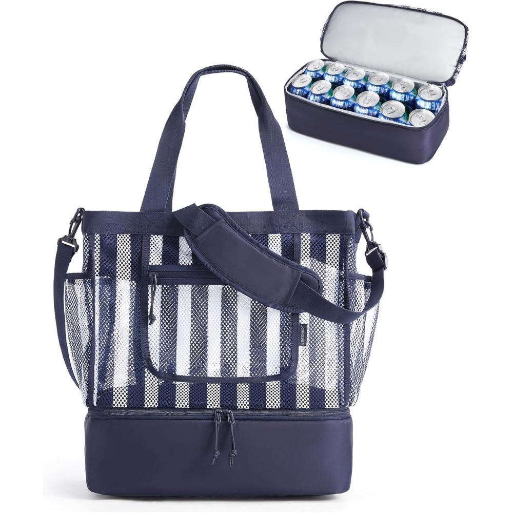 imageBAGSMART Beach Bag for Women Mesh Tote Bags with Zipper Sandproof Vacation Essentials with Cooler for Swim Cruise PoolNavy