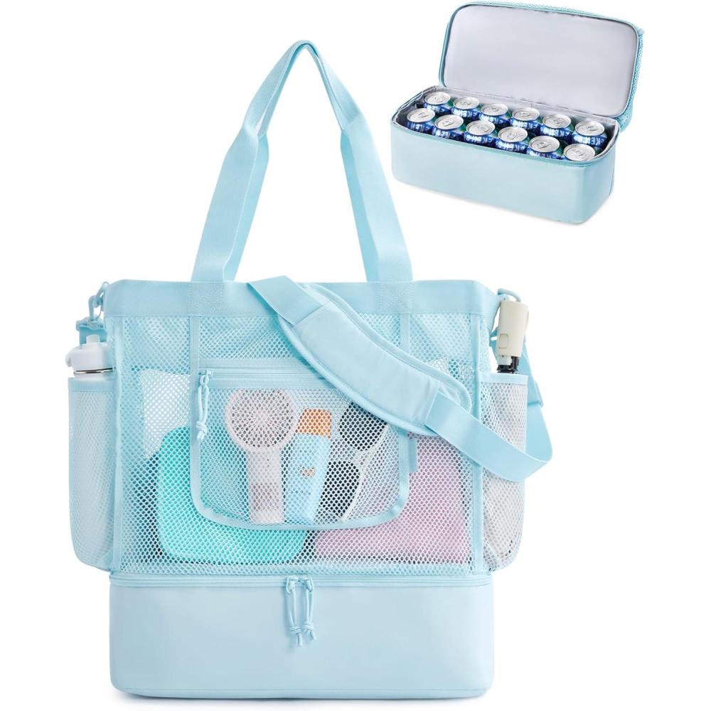 imageBAGSMART Beach Bag for Women Mesh Tote Bags with Zipper Sandproof Vacation Essentials with Cooler for Swim Cruise PoolSky Blue