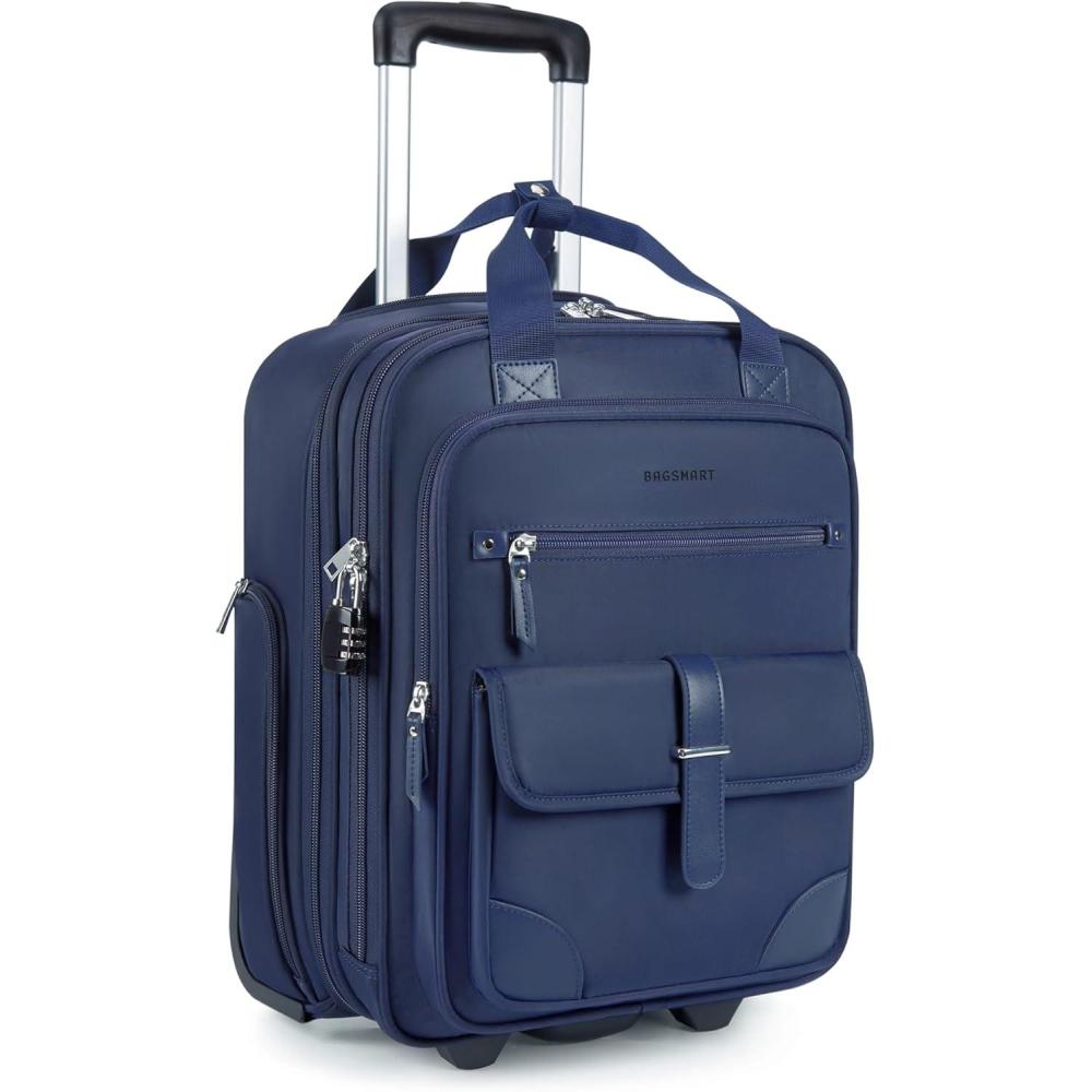 imageBAGSMART Carry on Luggage with Wheels 16inch Underseat Travel Suitcase Airline approved Lightweight Softside Carryon Luggage for Airplanes Women Overnight Rolling Bags for Short Trip Light BeigeBlue