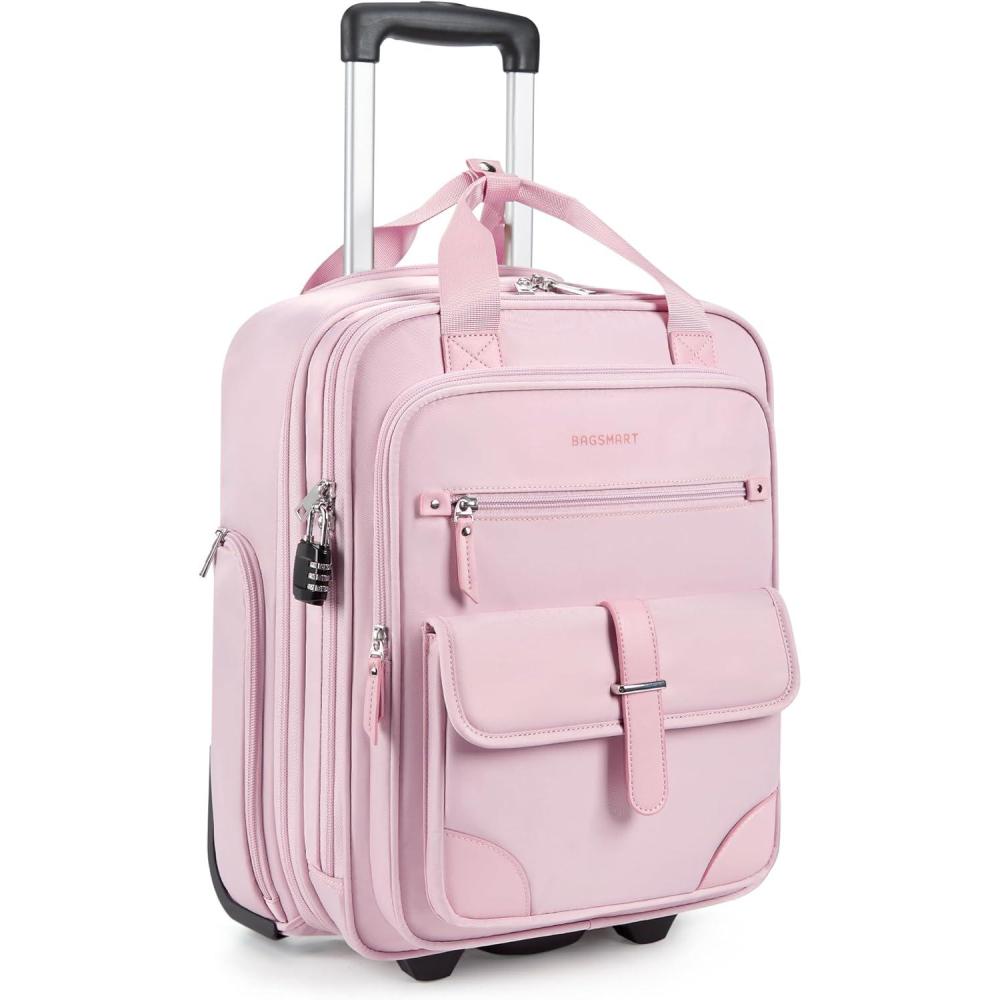 imageBAGSMART Carry on Luggage with Wheels 16inch Underseat Travel Suitcase Airline approved Lightweight Softside Carryon Luggage for Airplanes Women Overnight Rolling Bags for Short Trip Light BeigePink