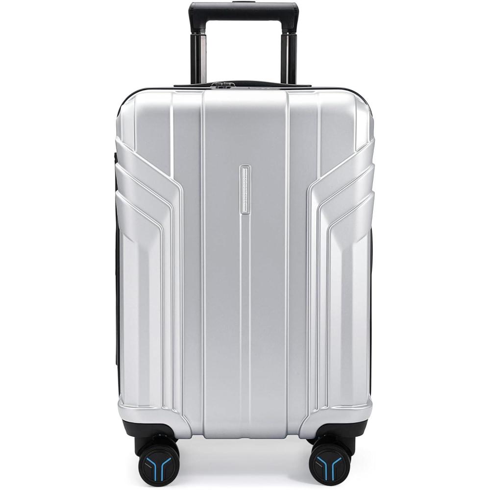 imageBAGSMART Expandable Carry On Luggage 22x14x9 Airline Approved 1OO PC Lightweight Hard Shell Suitcase 20 Inch Travel Luggage with Spinner Wheels Waterproof Rolling SuitcaseBlueSliver