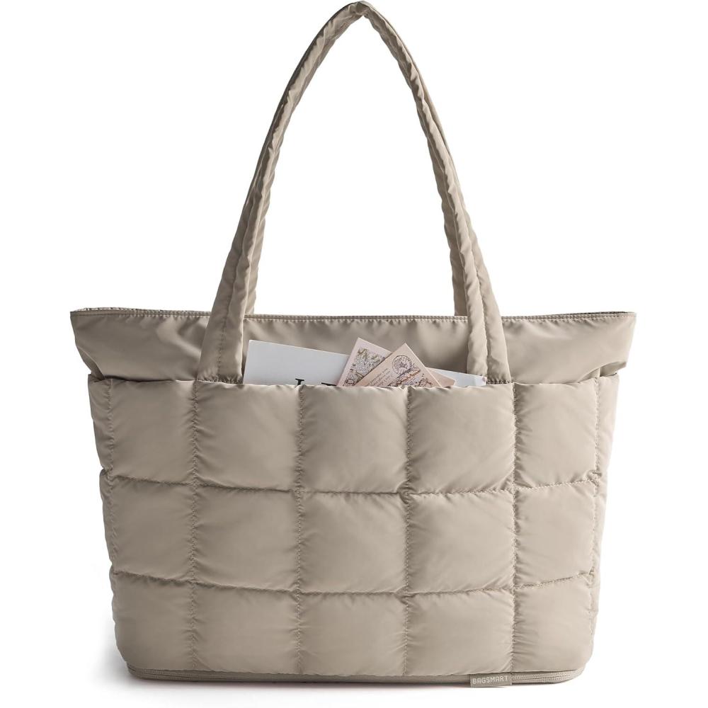 imageBAGSMART Expandable Tote Bag for Women Puffer Work Tote Handbag Quilted Carry On Bag for Travel GymCamel
