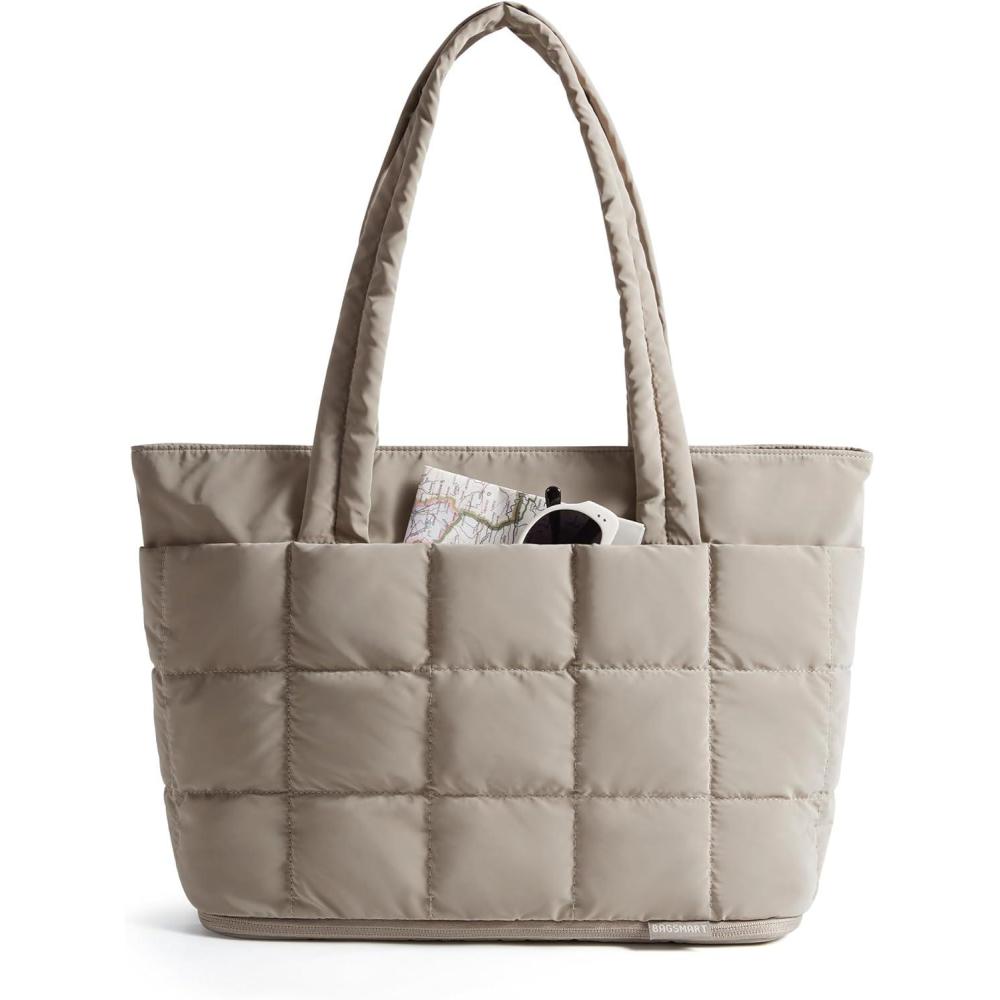 imageBAGSMART Expandable Tote Bag for Women Puffer Work Tote Handbag Quilted Carry On Bag for Travel GymKhaki
