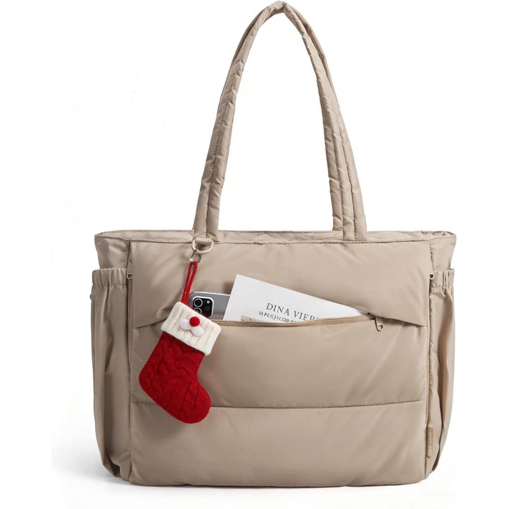 imageBAGSMART Puffy Tote Bag for Women 22L Gym Bag for 40oz Tumbler Work Handbag for Travel Yoga Tennis CollegeCamel