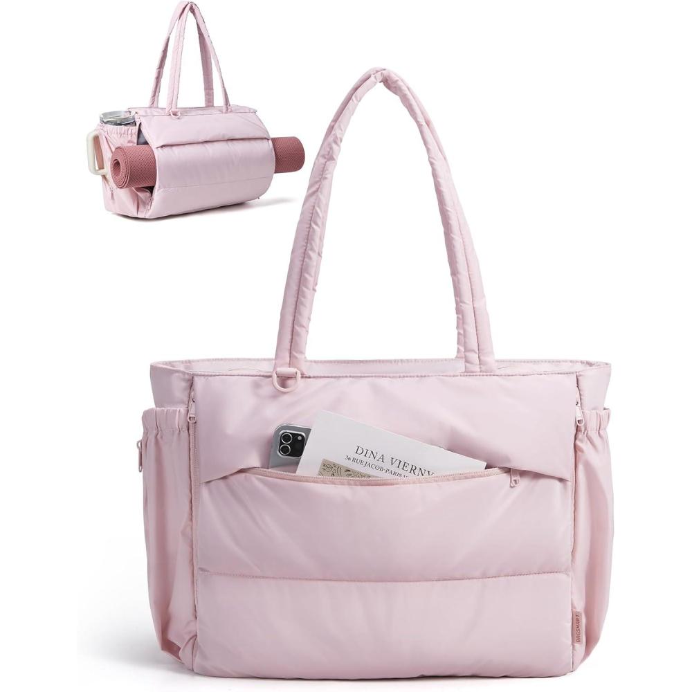 imageBAGSMART Puffy Tote Bag for Women 22L Gym Bag for 40oz Tumbler Work Handbag for Travel Yoga Tennis CollegePink