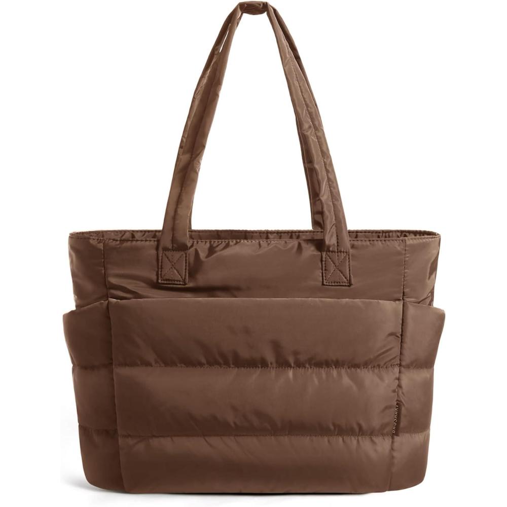 imageBAGSMART Tote Bag for Women Lightweight Puffy Tote Bag with Compartments Shoulder Bag Handbag for Travel Work Gym  Lightweight Puffy Tote Bag with Compartments Quilted for Travel WorkCoffee