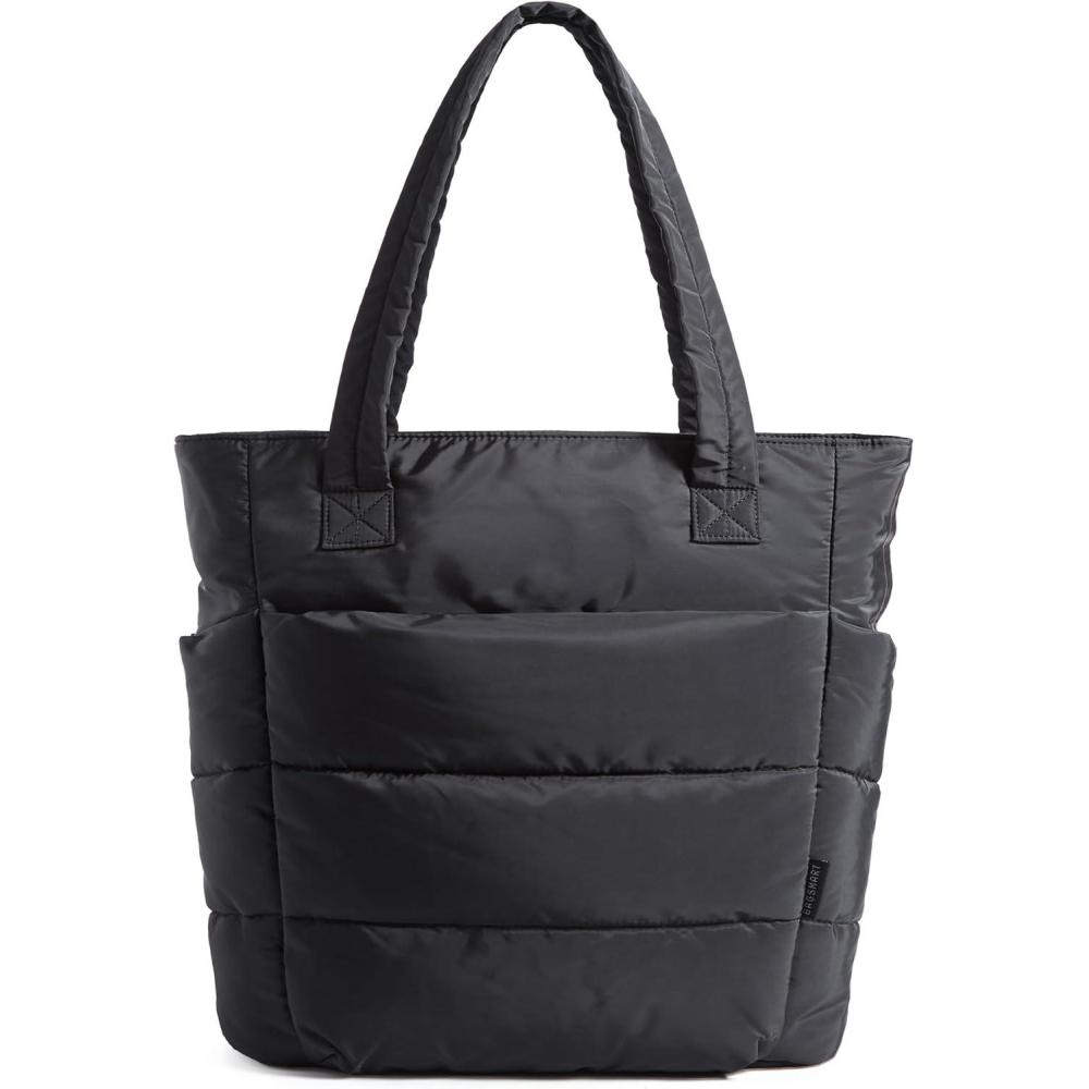 imageBAGSMART Tote Bag for Women Lightweight Puffy Tote Bag with Compartments Shoulder Bag Handbag for Travel Work Gym  Lightweight Puffy Tote Bag with Compartments Quilted for Travel WorkSlim Sizeblack