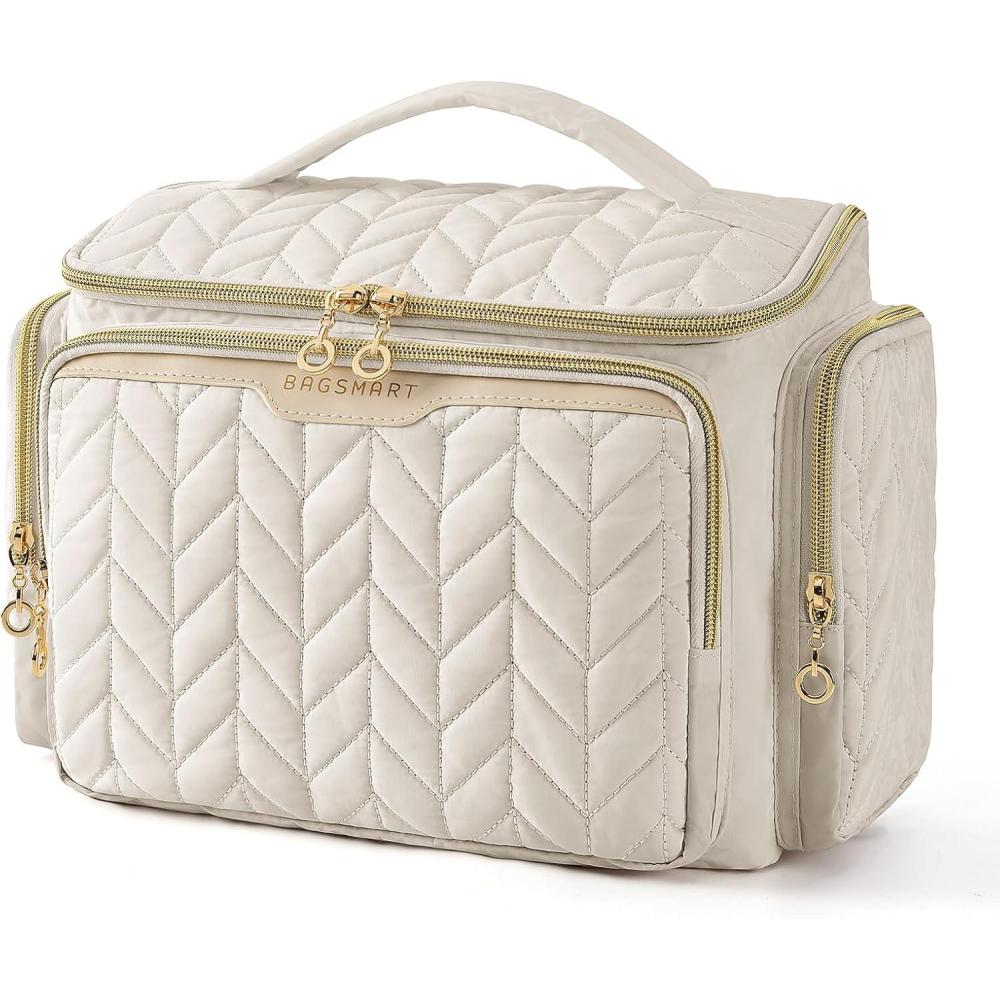 imageBAGSMART Travel Toiletry Bag Large Wideopen Travel Bag for Toiletries Makeup Cosmetic Travel Bag with HandleNavyBeige