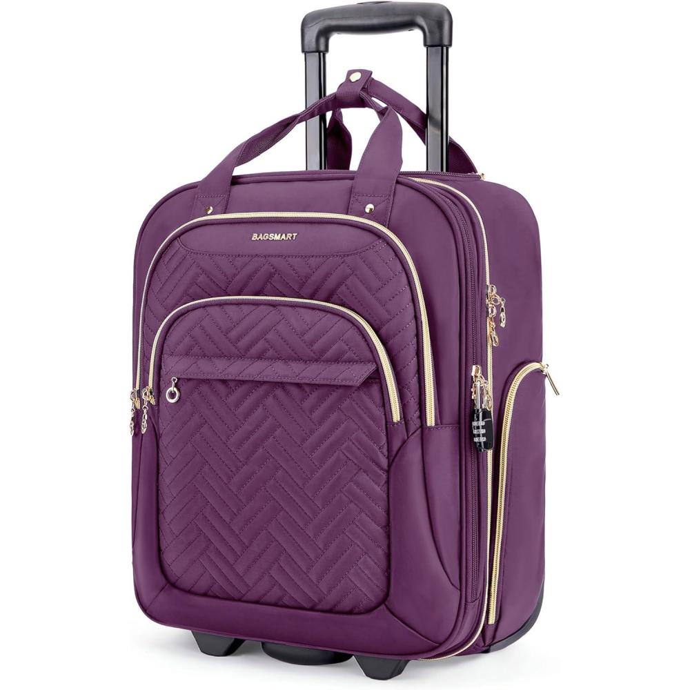imageBAGSMART Underseat Carry On Luggage Airline approved16inch Small Underseater Softside Travel Suitcase with Wheels Lightweight Overnight Rolling Carryon Luggage for Women Men WeekenderBlackPurple