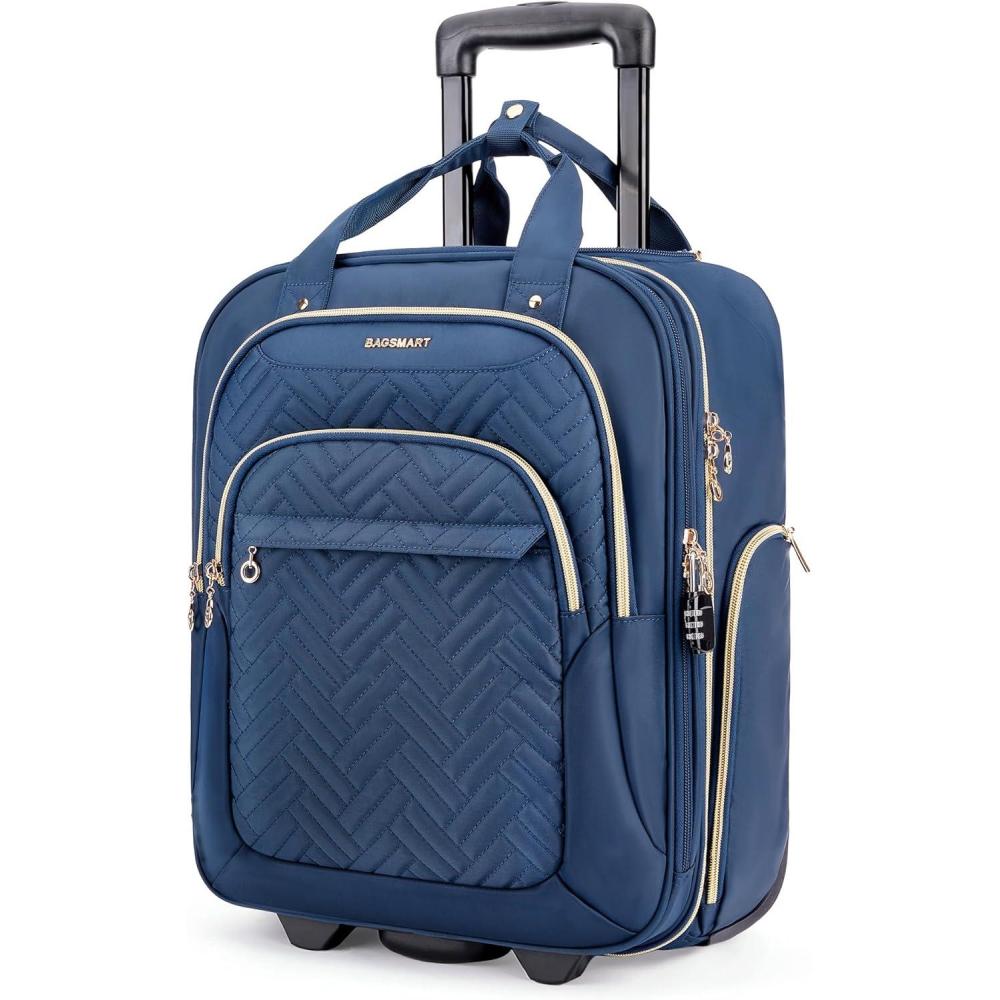 imageBAGSMART Underseat Carry On Luggage Airline approved16inch Small Underseater Softside Travel Suitcase with Wheels Lightweight Overnight Rolling Carryon Luggage for Women Men WeekenderBlackBlue