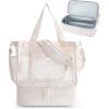 BAGSMART Beach Bag for Women, Mesh Tote Bags with Zipper, Sandproof Vacation Essentials with Cooler for Swim Cruise Pool(Beige)
