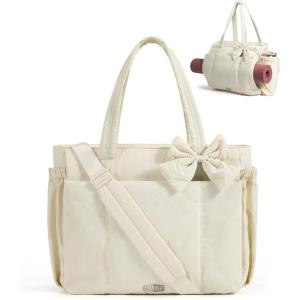 BAGAMSRT Crush Bow Tote Bag for Women, Large Work Tote with 40oz Tumbler, Puffer Travel Tote Bag for Work, Yoga, Gym(Beige)