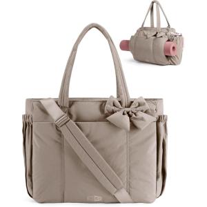 BAGAMSRT Crush Bow Tote Bag for Women, Large Work Tote with 40oz Tumbler, Puffer Travel Tote Bag for Work, Yoga, Gym(Latte Brown)