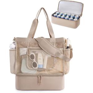 BAGSMART Beach Bag for Women, Mesh Tote Bags with Zipper, Sandproof Vacation Essentials with Cooler for Swim Cruise Pool(Camel)