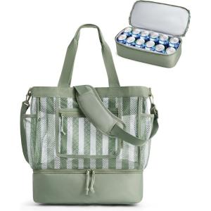 BAGSMART Beach Bag for Women, Mesh Tote Bags with Zipper, Sandproof Vacation Essentials with Cooler for Swim Cruise Pool(Green)
