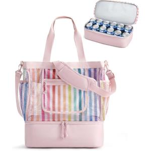 BAGSMART Beach Bag for Women, Mesh Tote Bags with Zipper, Sandproof Vacation Essentials with Cooler for Swim Cruise Pool(Rainbow)