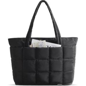 BAGSMART Expandable Tote Bag for Women, Puffer Work Tote Handbag, Quilted Carry On Bag for Travel Gym(Black)