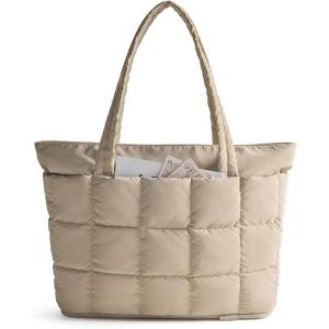 BAGSMART Expandable Tote Bag for Women, Puffer Work Tote Handbag, Quilted Carry On Bag for Travel Gym(Desert)