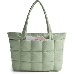 BAGSMART Expandable Tote Bag for Women, Puffer Work Tote Handbag, Quilted Carry On Bag for Travel Gym(Green)