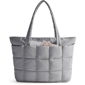 BAGSMART Expandable Tote Bag for Women, Puffer Work Tote Handbag, Quilted Carry On Bag for Travel Gym(Grey)