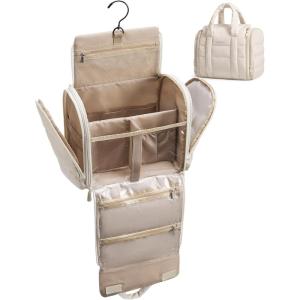 BAGSMART Hanging Toiletry Bag with Removable Partition, Puffy Water-resistant Fabric, Cosmetic Bag Makeup Bag for Full Sized Toiletries, Nude Pink(Beige)