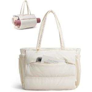 BAGSMART Puffy Tote Bag for Women, 22L Gym Bag for 40oz Tumbler, Work Handbag for Travel Yoga Tennis College(Cream)