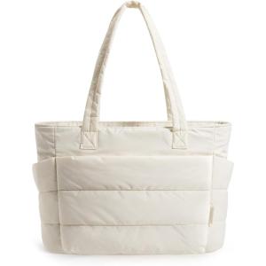 BAGSMART Tote Bag for Women, Lightweight Puffy Tote Bag with Compartments Shoulder Bag Handbag for Travel, Work, Gym | Lightweight, Puffy, Tote Bag with Compartments, Quilted, for Travel, Work(Beige-small Size)